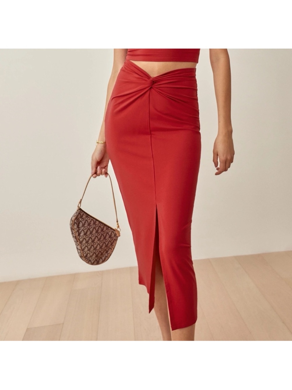 Reformation RYLAN Red Knot Front Midi Skirt Size Medium